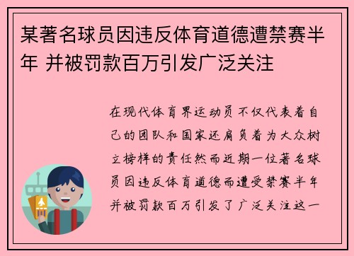 某著名球员因违反体育道德遭禁赛半年 并被罚款百万引发广泛关注