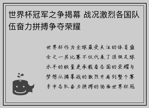 世界杯冠军之争揭幕 战况激烈各国队伍奋力拼搏争夺荣耀