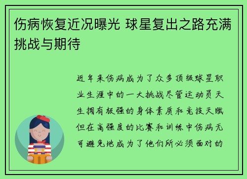 伤病恢复近况曝光 球星复出之路充满挑战与期待